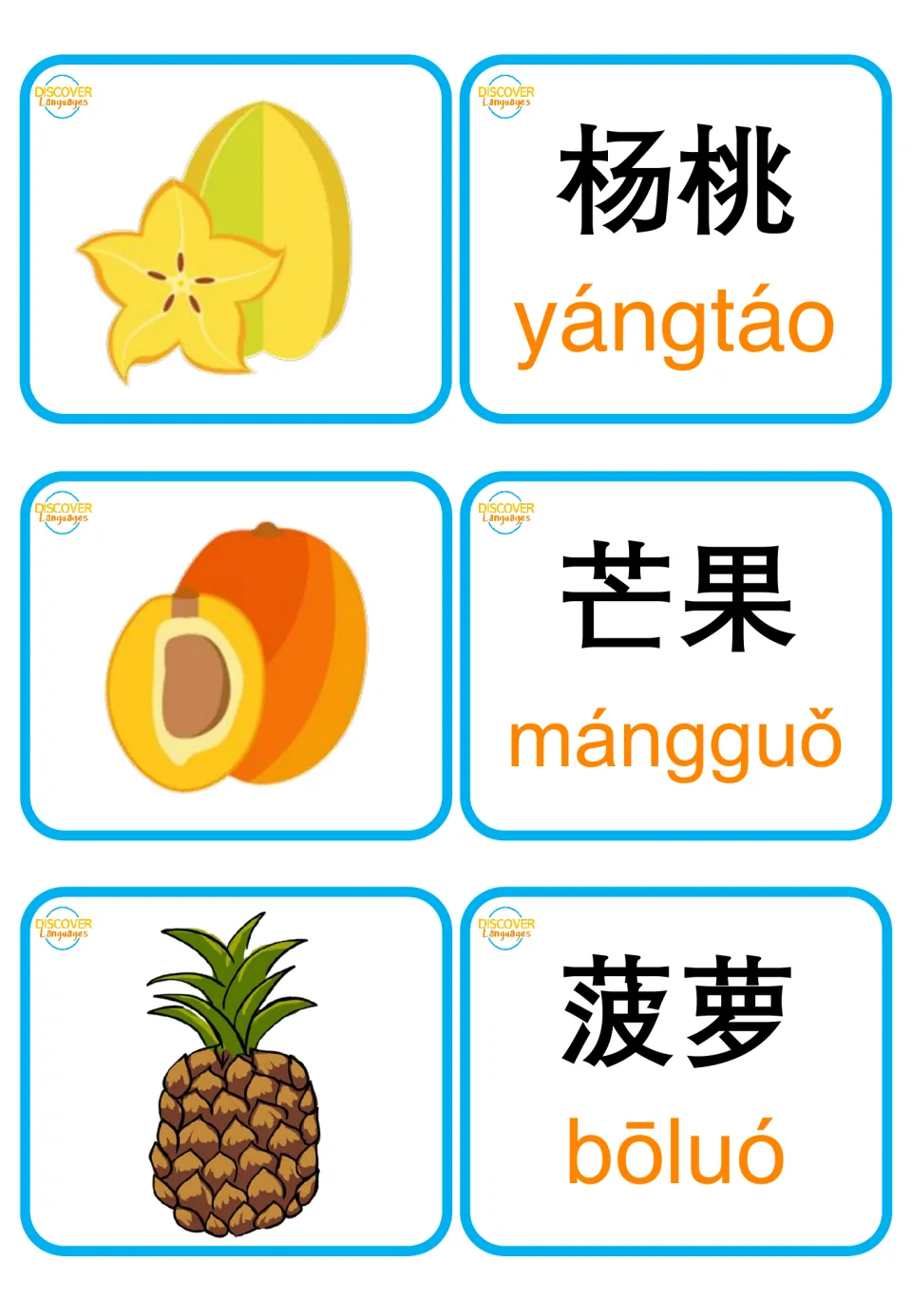 Mandarin fruit flashcards: 杨桃 (star fruit), 芒果 (mango), and 菠萝 (pineapple), with pictures and pinyin