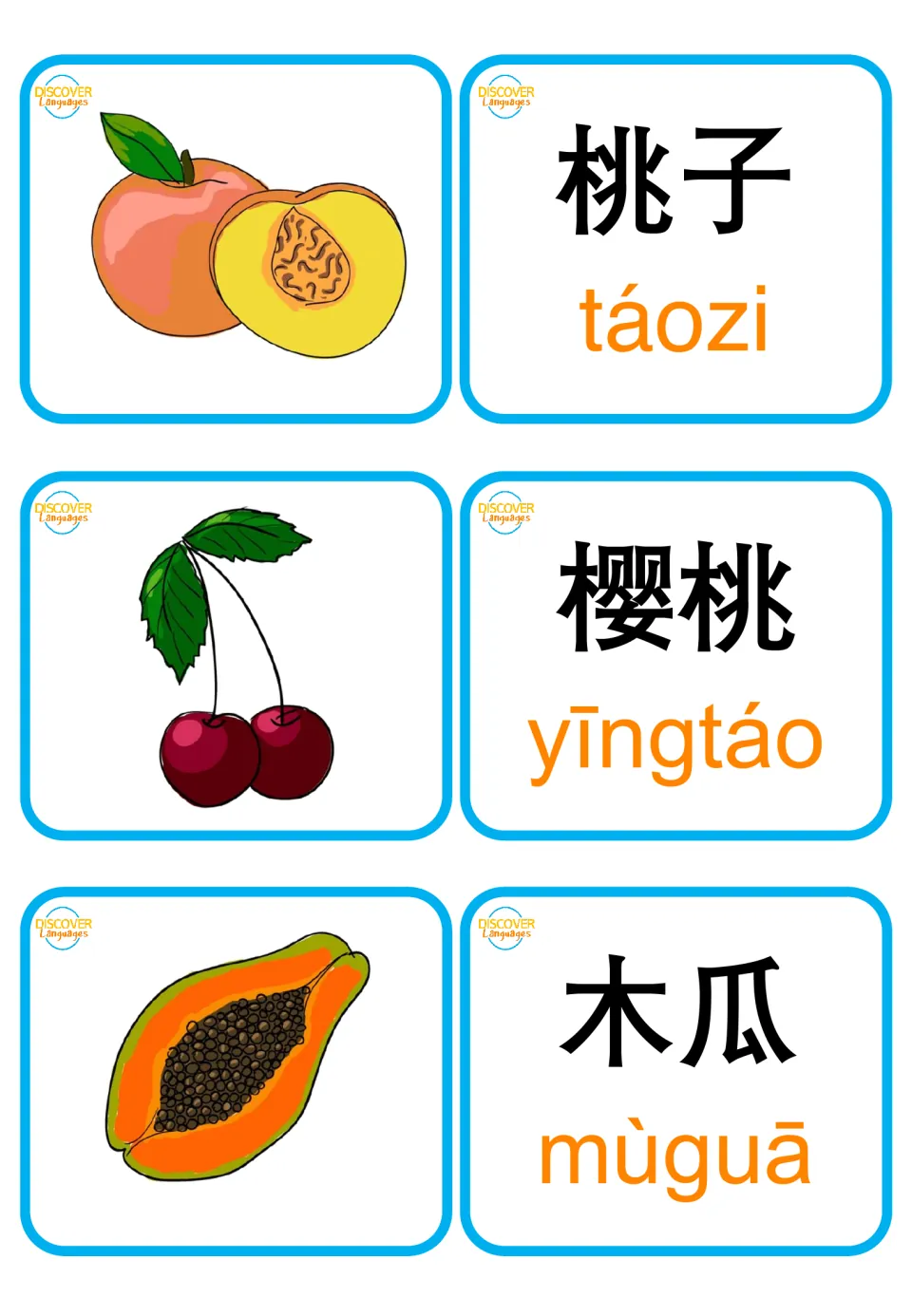 Mandarin fruit flashcards: 桃子 (peach), 樱桃 (cherries), and 木瓜 (papaya), with matching pictures and pinyin