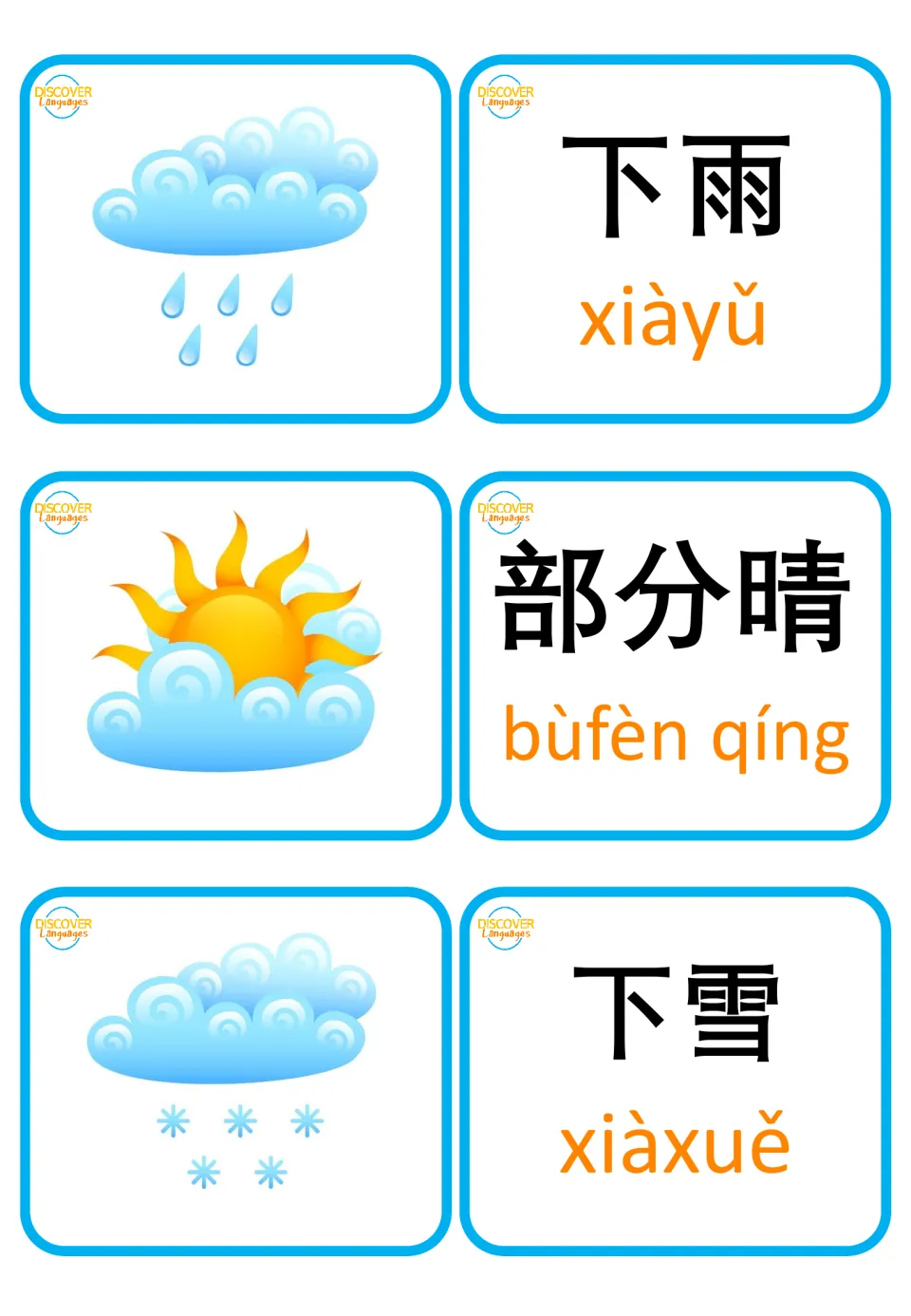 Weather flashcards: rain 下雨 xiàyǔ, partly sunny 部分晴 bùfèn qíng and snow 下雪 xiàxuě, each beside its weather icon