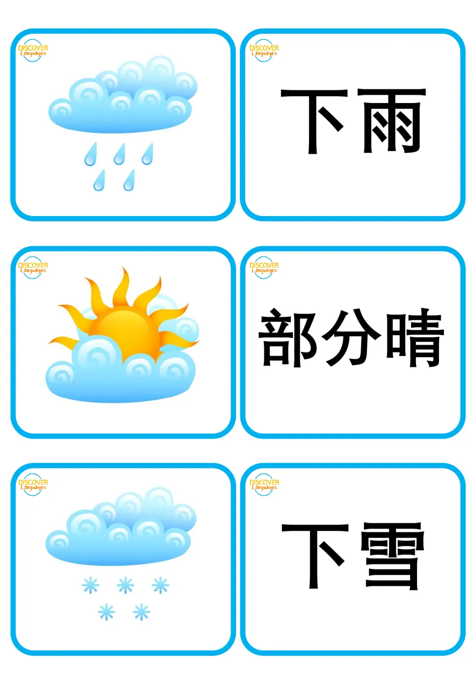 Characters-only weather cards: rain 下雨, partly sunny 部分晴 and snow 下雪 with matching icons, for character reading