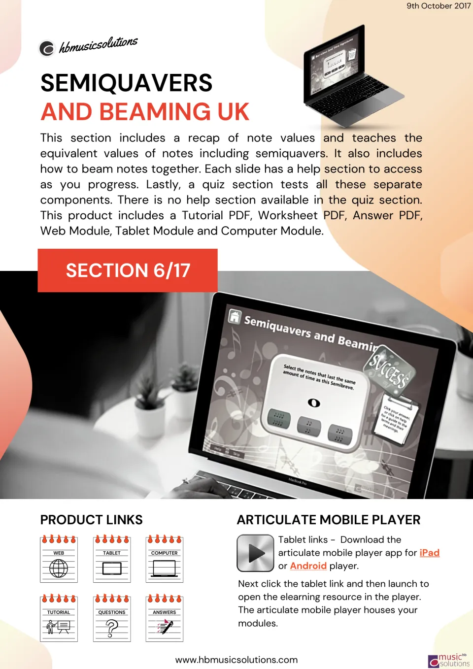 Introduction to section 6: semiquaver note values, beaming, quizzes, and links to PDF and digital modules.