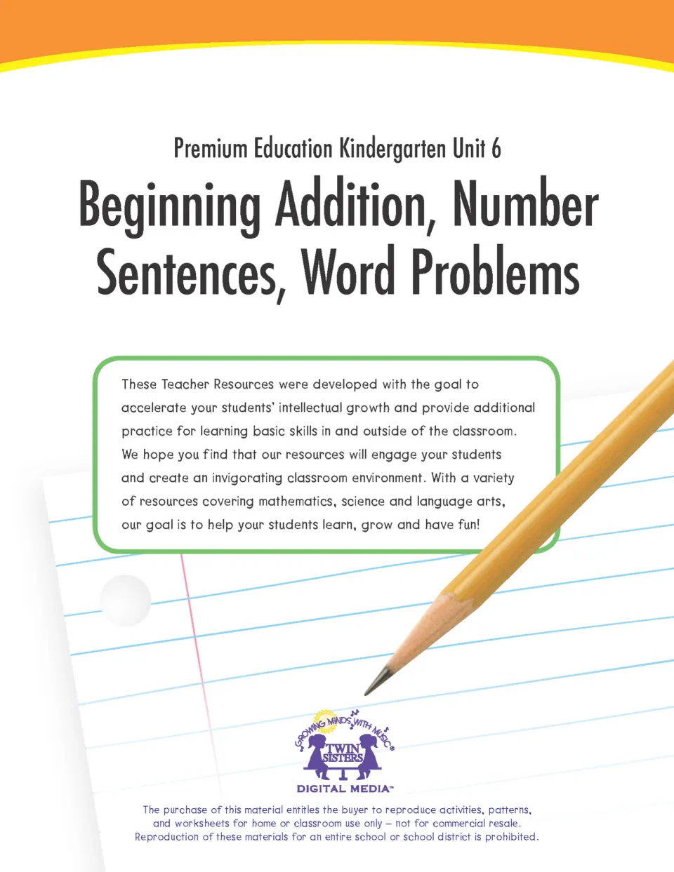 Cover of Premium Education Kindergarten Unit 6: Beginning Addition, Number Sentences, Word Problems by Twin Sisters