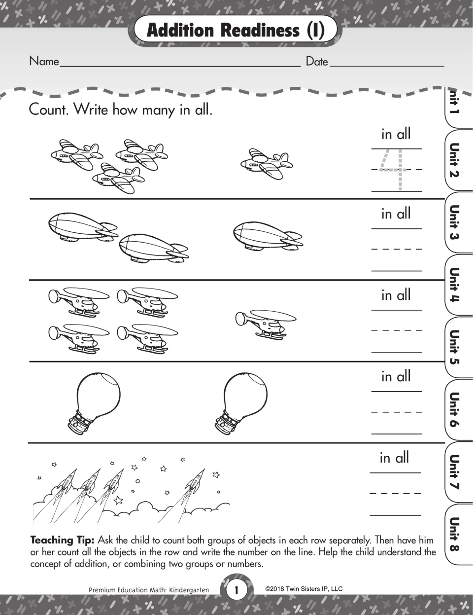 Addition Readiness (I): students count two groups of planes, blimps, helicopters, balloons and rockets to write the total