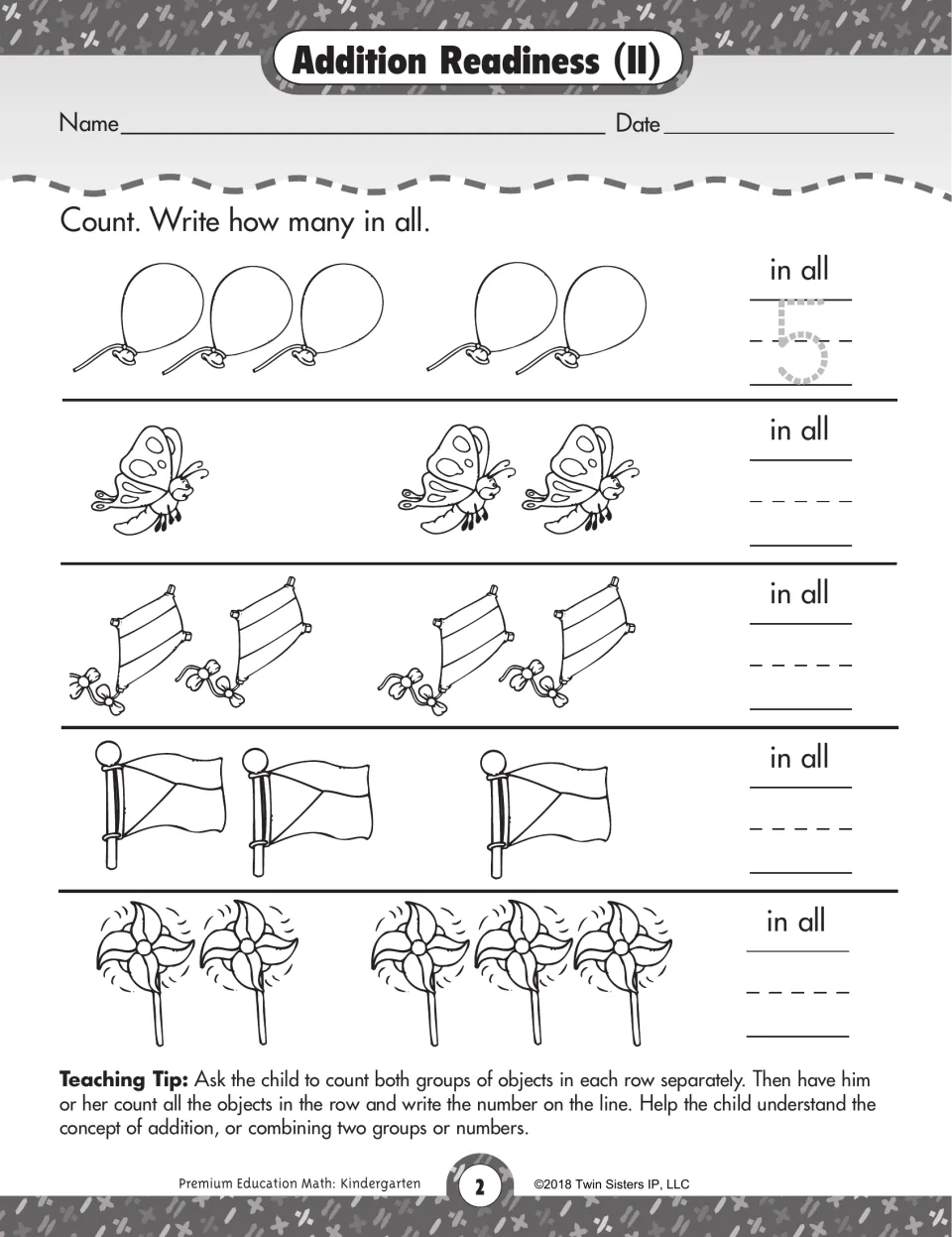 Addition Readiness (II): students count balloons, butterflies, kites, flags and pinwheels in two groups and write the sum