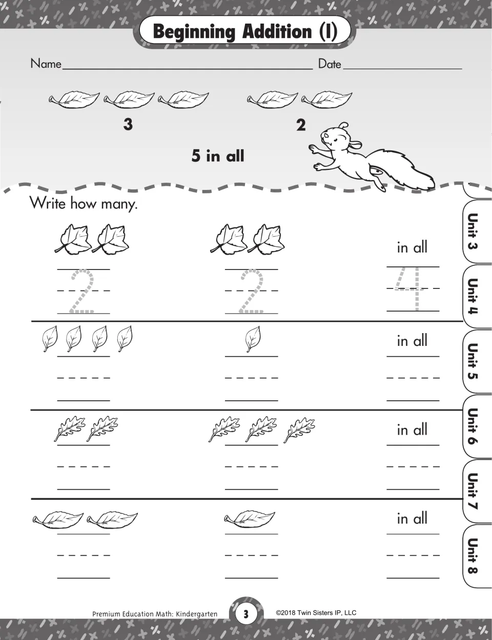 Beginning Addition (I): students write how many leaves are in each group and the total in all, modeled by 3 and 2 make 5