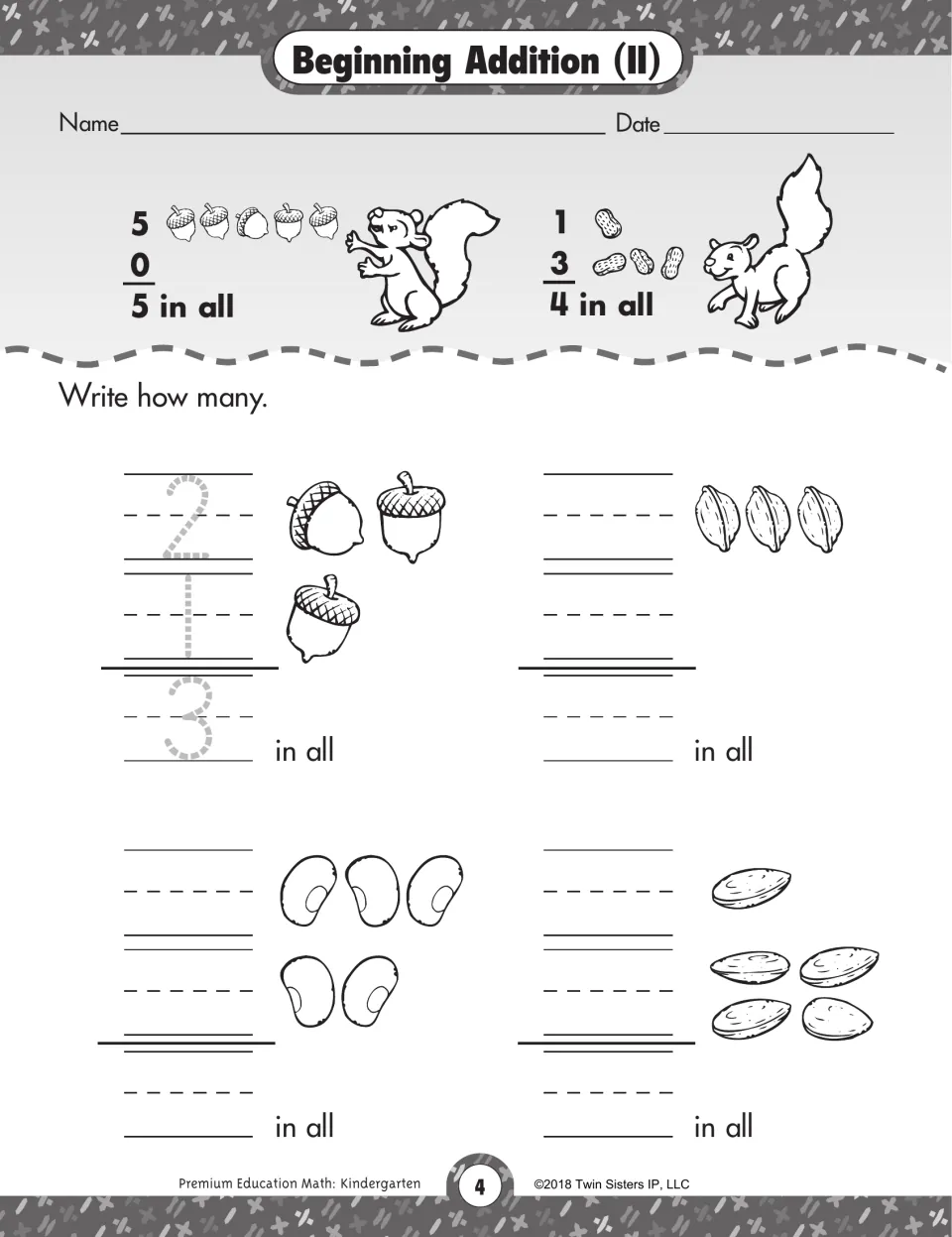 Beginning Addition (II): vertical addition with acorns, nuts and seeds; students write each addend and the sum in all