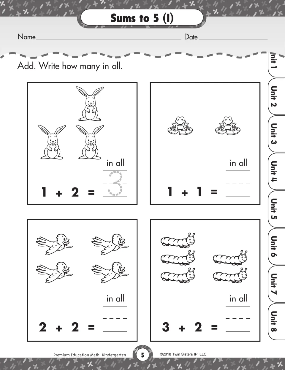 Sums to 5 (I): students add pictured rabbits, frogs, birds and caterpillars for 1 + 2, 1 + 1, 2 + 2 and 3 + 2