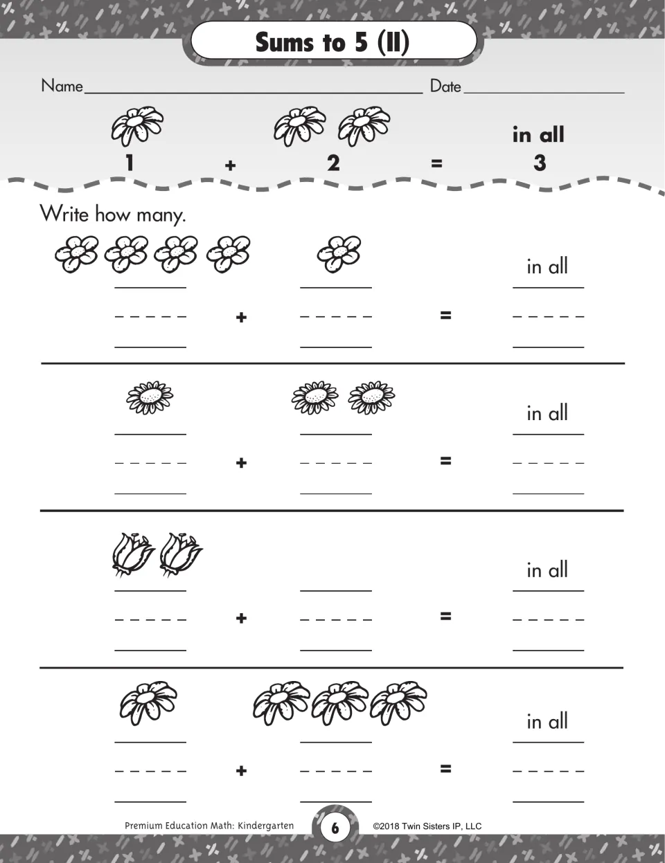 Sums to 5 (II): students count flower groups and fill in both addends and the total to complete each addition sentence