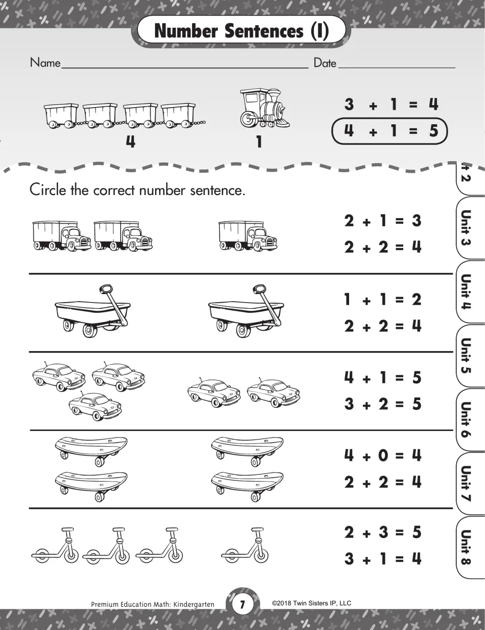 Number Sentences (I): students circle the addition sentence that matches trucks, wagons, cars, skateboards and scooters