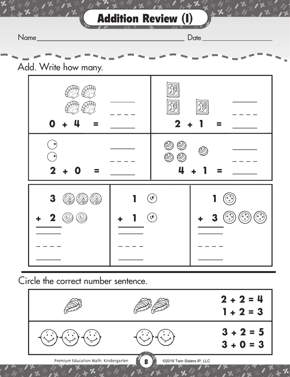 Addition Review (I): students solve horizontal and vertical facts like 0 + 4 and 1 + 3, then circle correct sentences