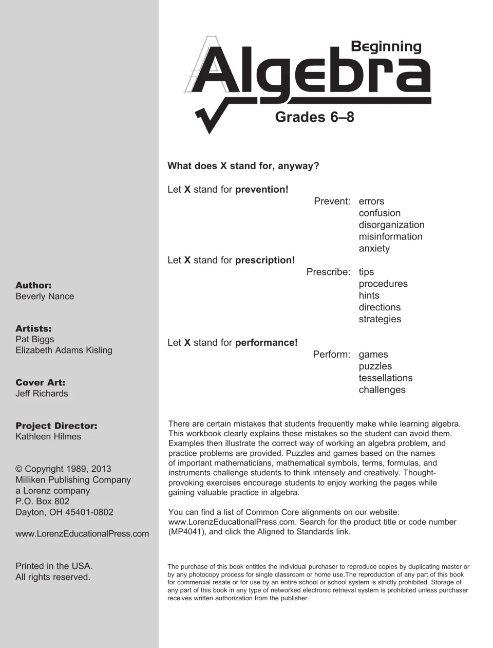 Title page: what X stands for, prevention, prescription and performance, with an intro to common algebra mistakes