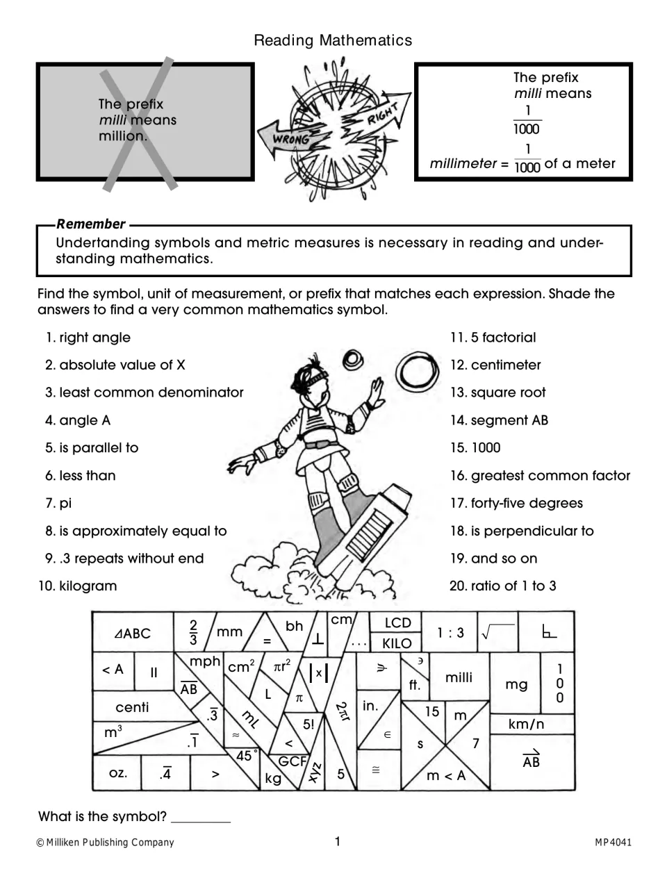 Reading math symbols: students match 20 terms such as pi and kilogram to symbols, then shade answers to reveal a symbol