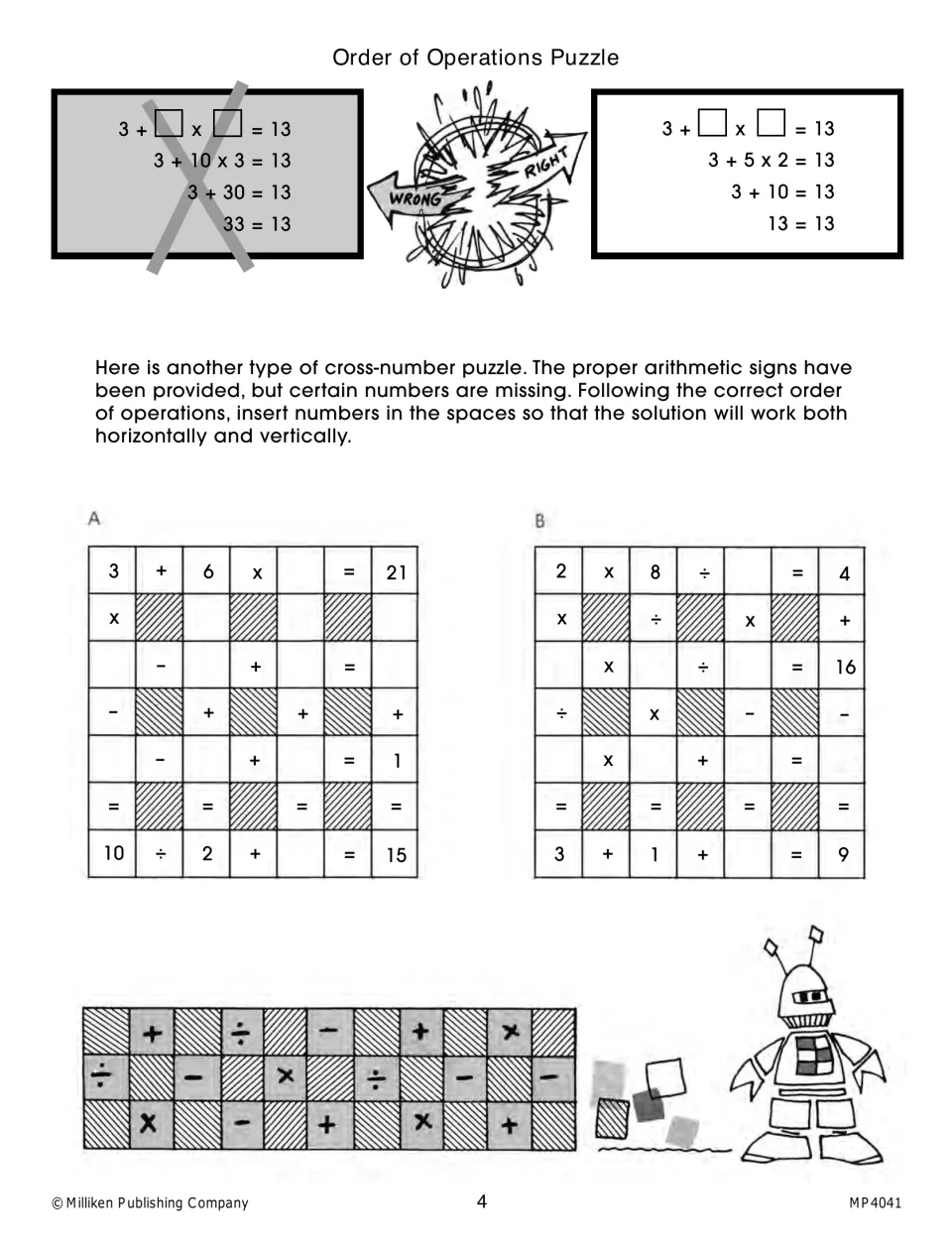 Order of operations puzzles: students fill in missing numbers around given signs so grids A and B work both ways