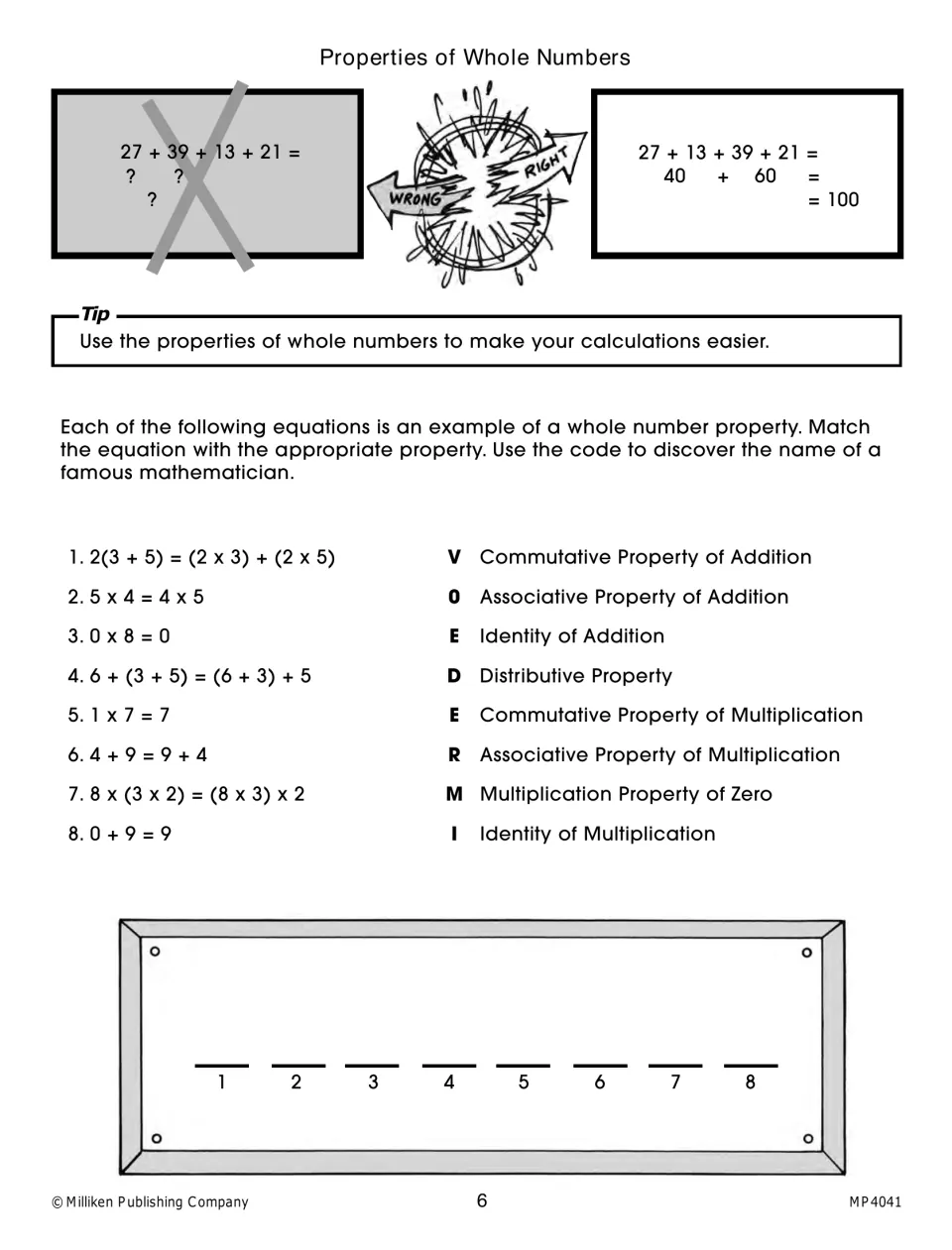 Properties of whole numbers: students match 8 equations to properties such as commutative and associative to spell a name