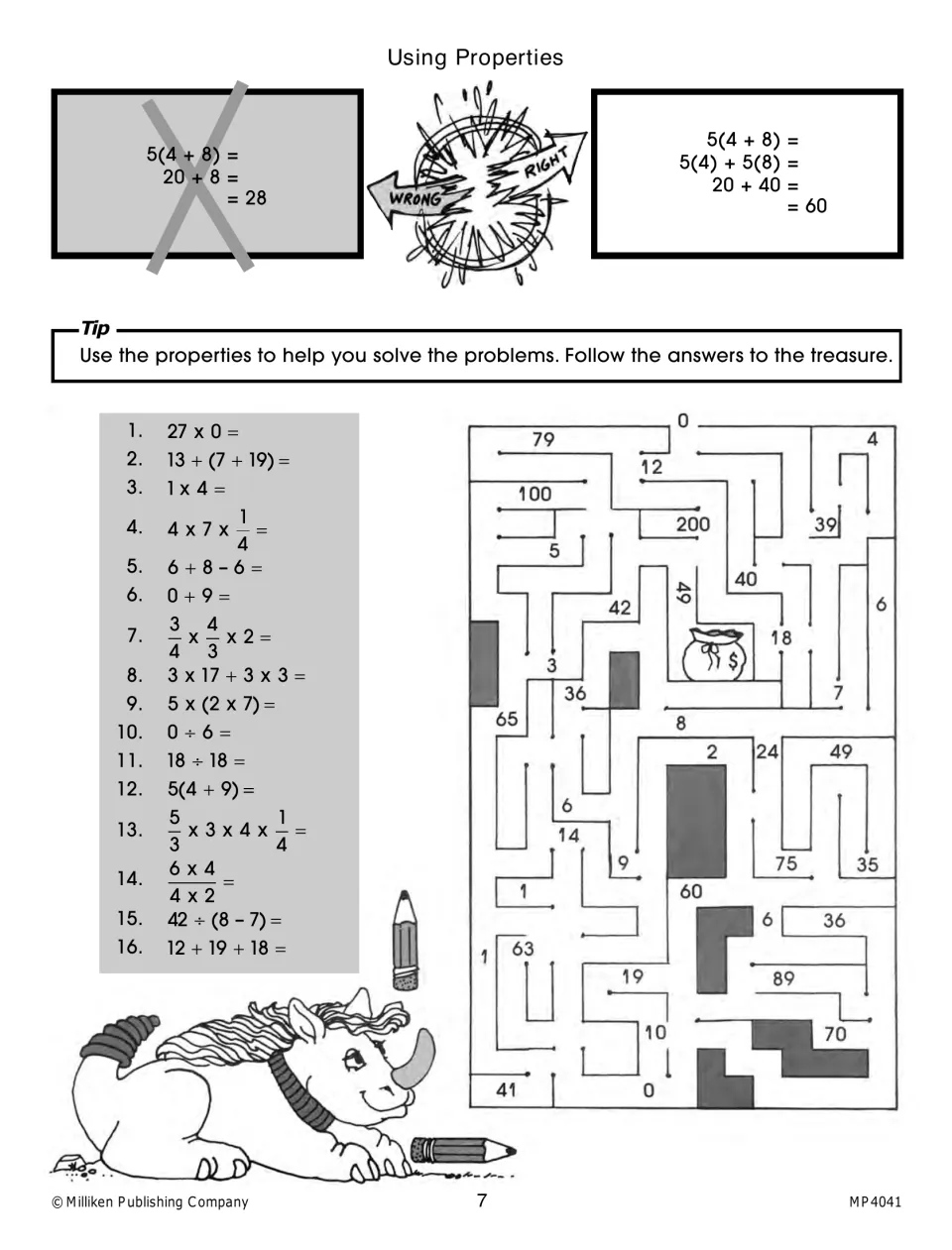 Using properties: students solve 16 problems like 27 x 0 and 5(4 + 9), then follow the answers through a maze to treasure
