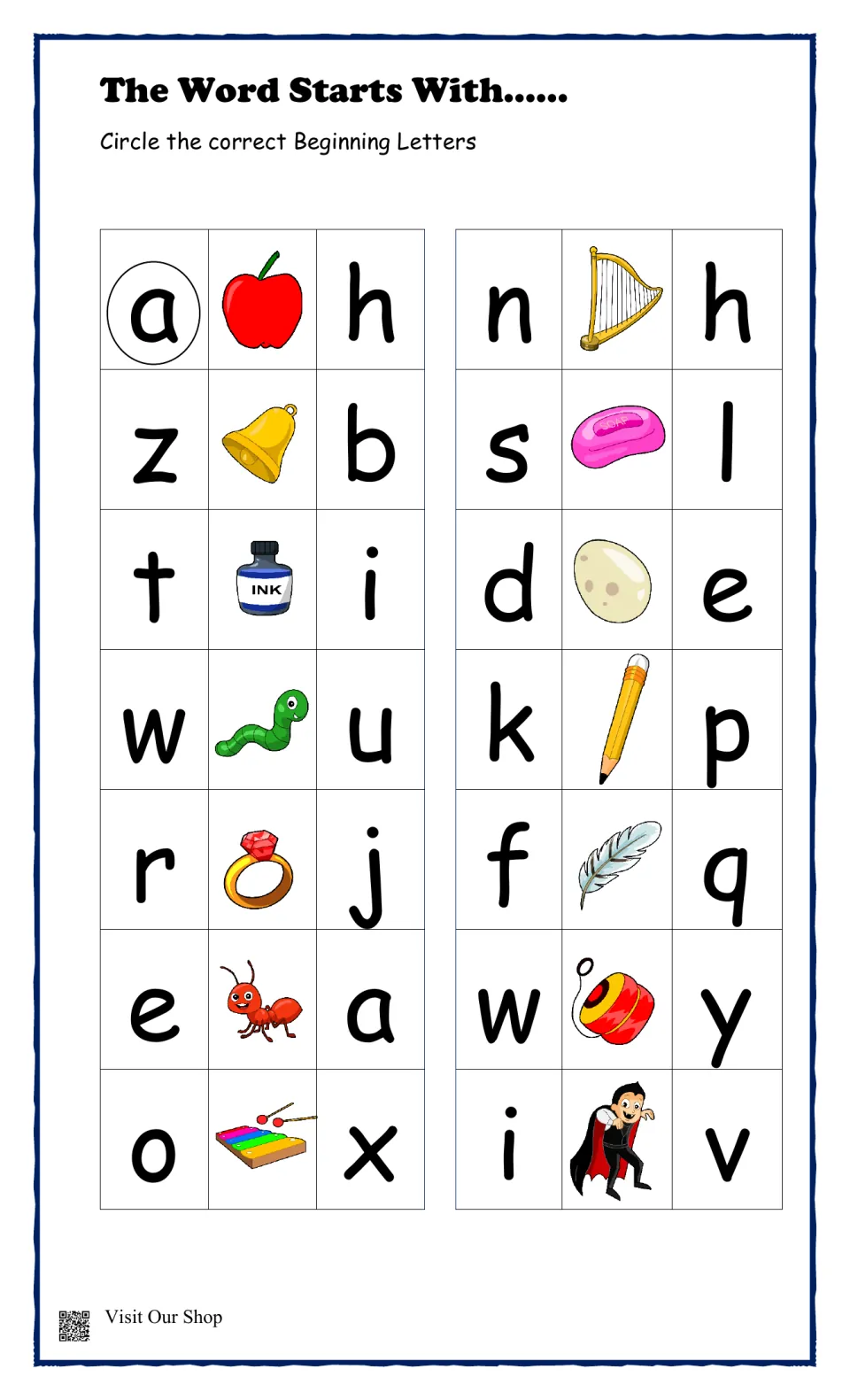 Beginning sounds: students circle the first letter of 14 pictures, like apple, bell, ink and harp, from two letter choices