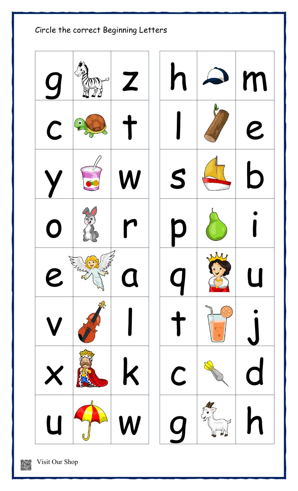 Beginning letters practice: students circle the starting letter for 16 pictures such as zebra, turtle, goat and umbrella