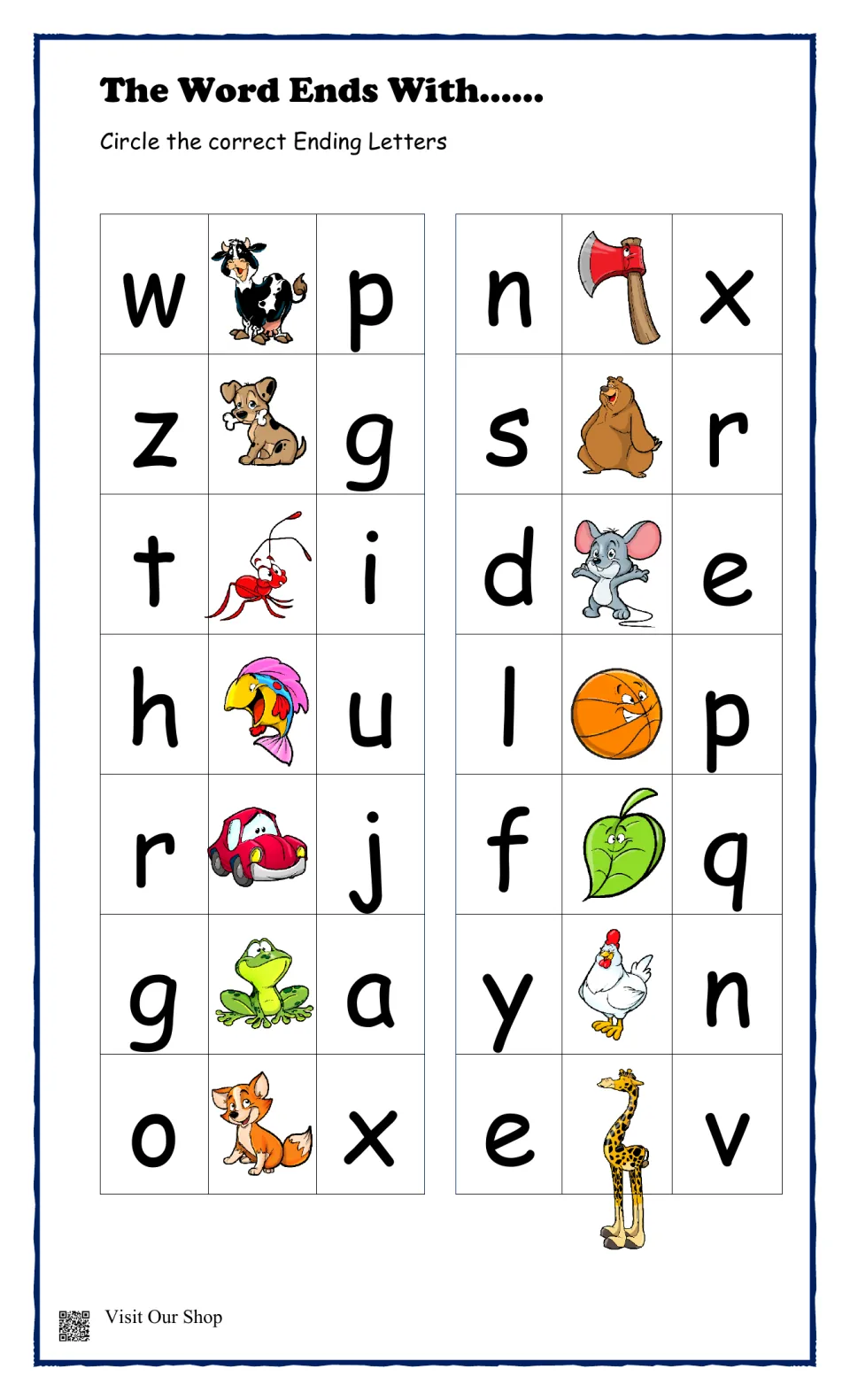 Ending sounds: students circle the last letter of 14 animal and object pictures, such as cow, dog, bear and axe