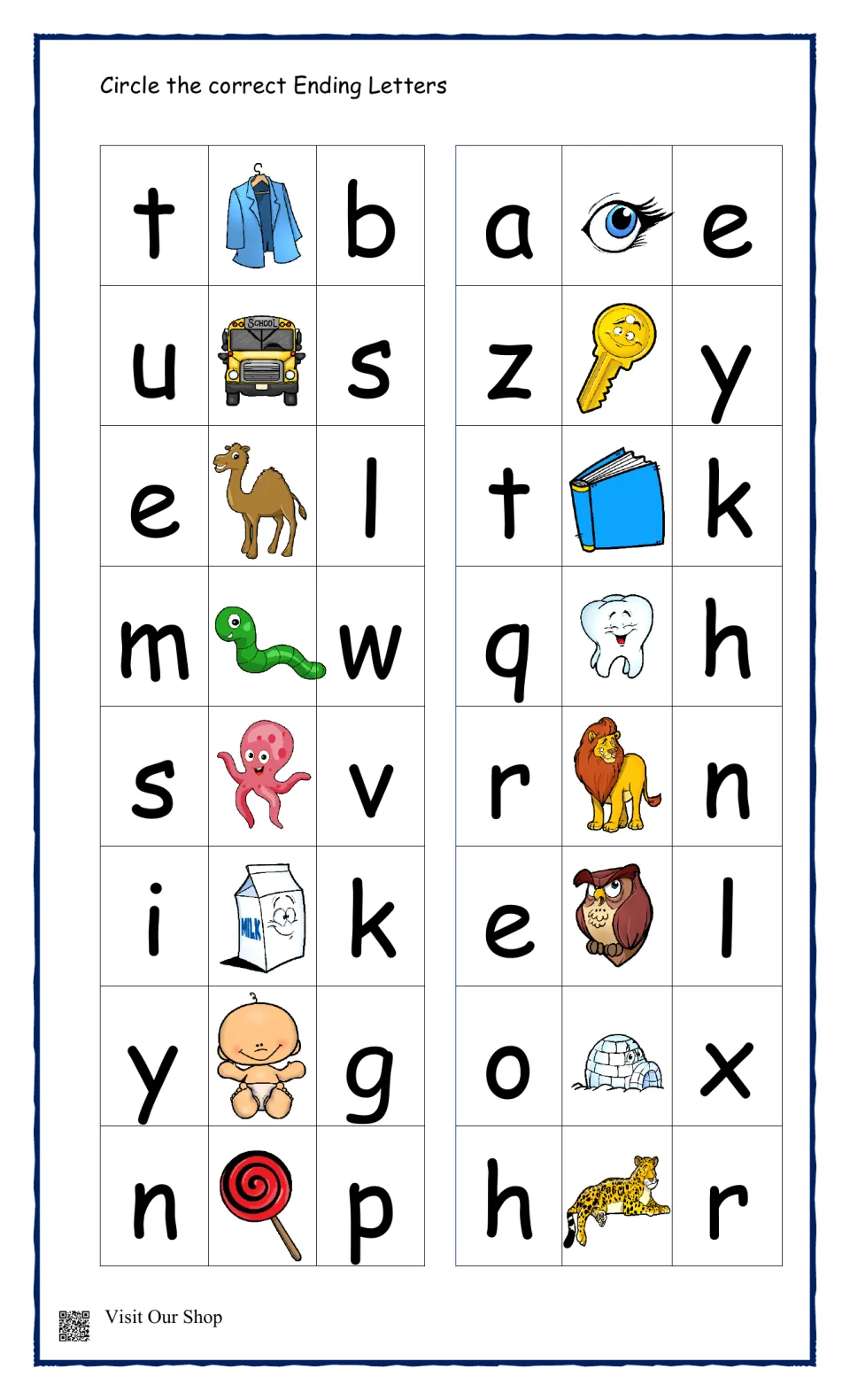 Ending letters practice: students circle the final letter for 16 pictures including coat, bus, eye, key and lion