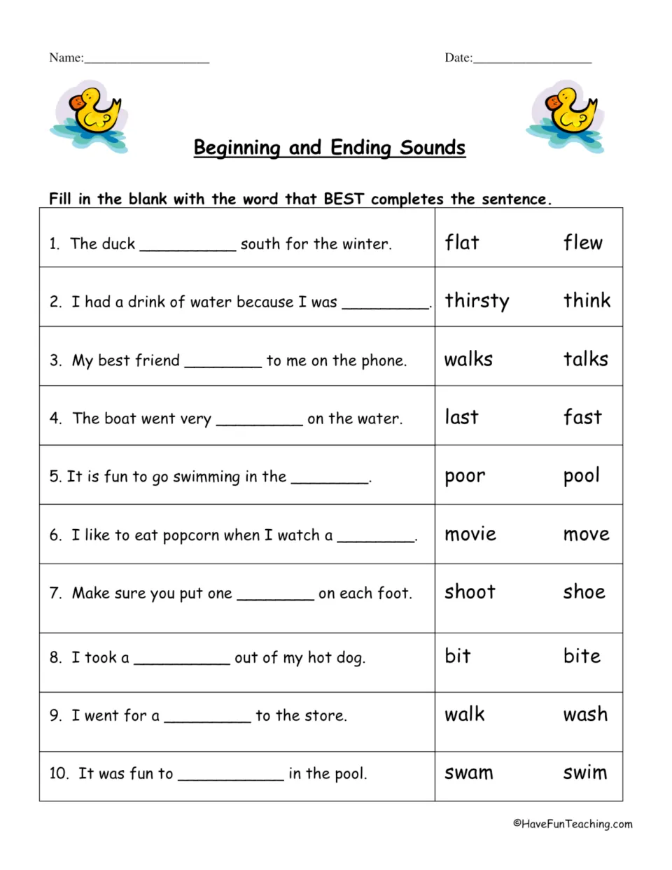 Beginning and ending sounds: students fill in 10 sentences by choosing between two similar words, such as flat or flew