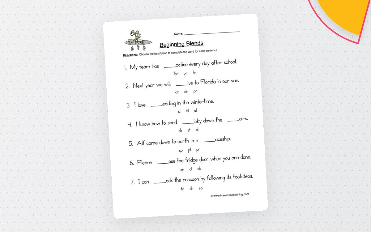 Beginning Blends Fill in the Blank Worksheet preview: Seven sentences with one incomplete word each