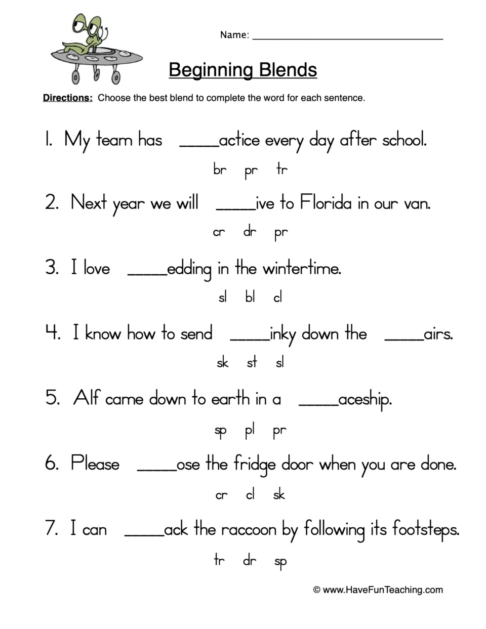 Beginning blends: students choose br, pr, sl, st or another blend to complete a missing word in each of 7 sentences