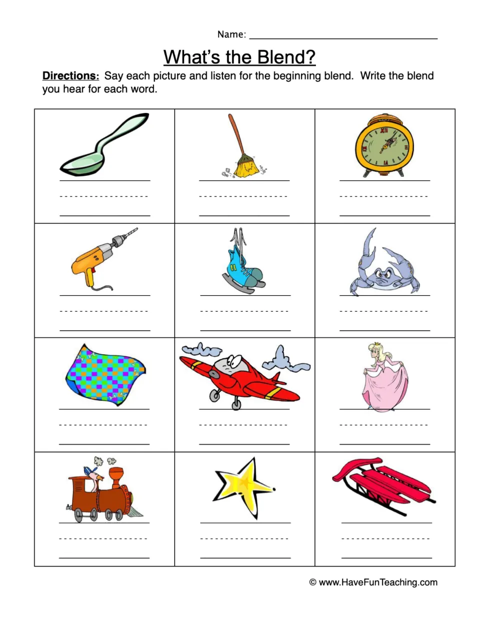 Beginning blends practice: name 12 pictures, including spoon, broom, clock and drill, and write each blend.