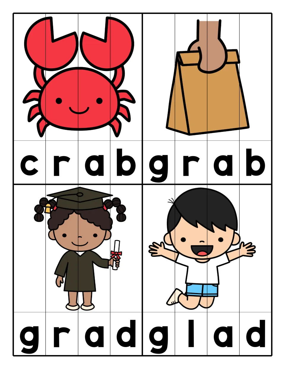 CR, GR and GL blends: students rebuild 4-strip picture puzzles for crab, grab, grad and glad, one letter on each strip