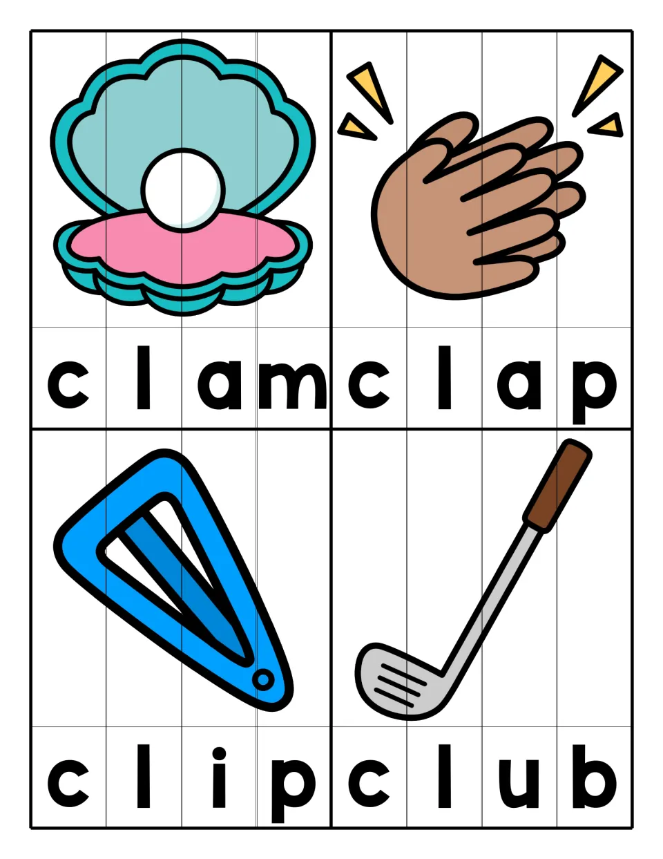 CL blend words: students match picture strips of a clam, clapping hands, hair clip and golf club to spell each word