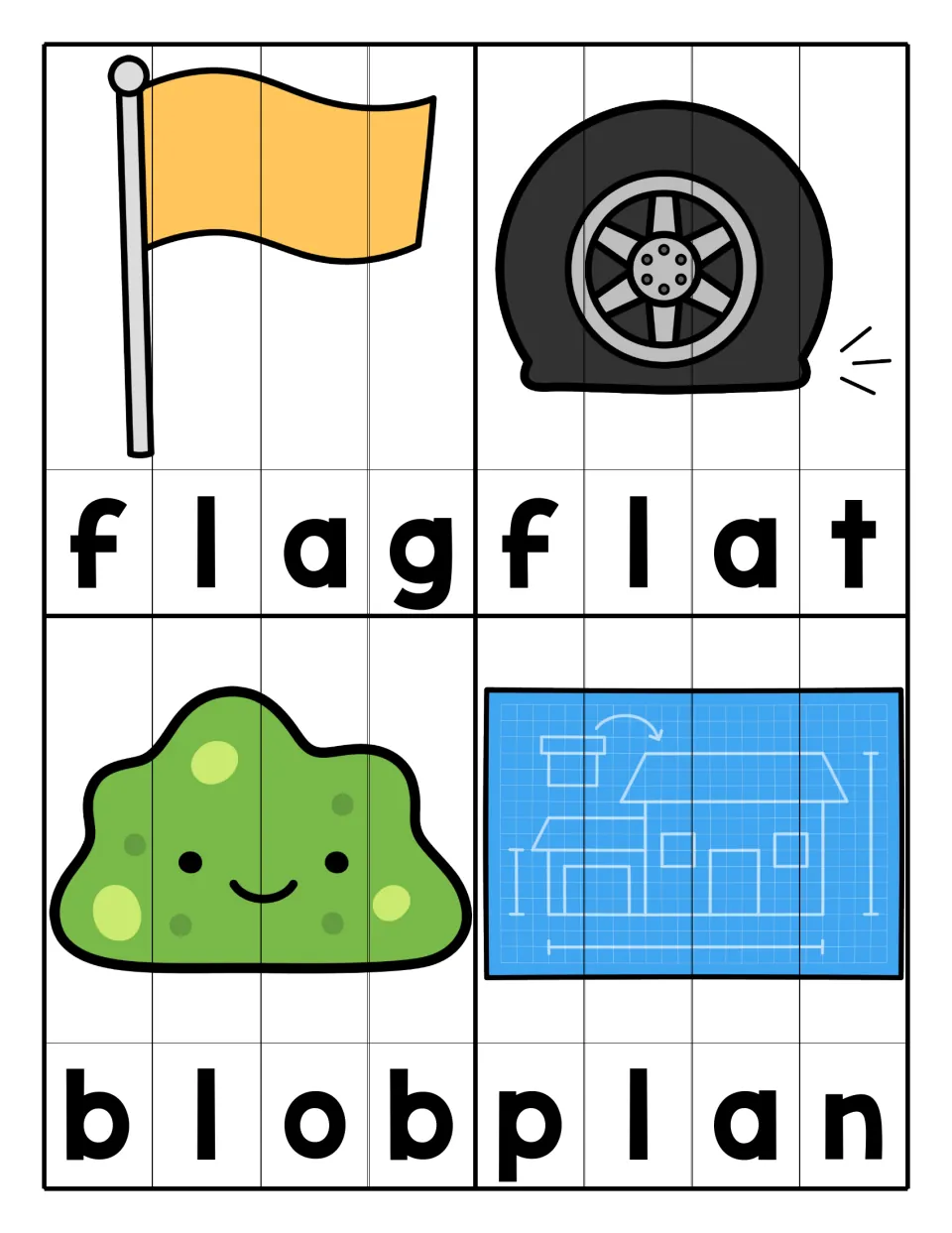 FL, BL and PL blends: students piece together strip puzzles showing a flag, flat tire, green blob and house plan