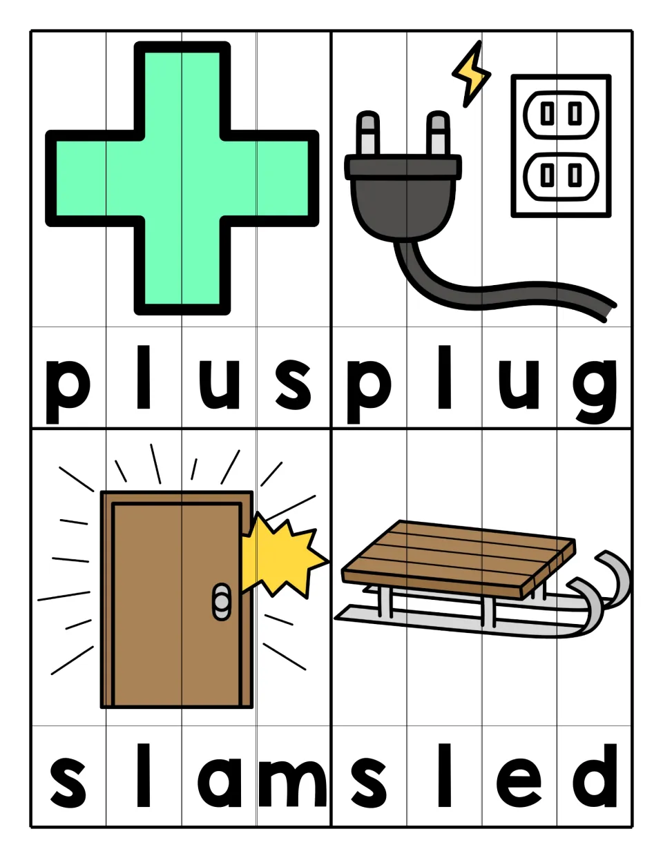PL and SL blends: students assemble letter-strip pictures of a plus sign, plug, slamming door and sled to spell words