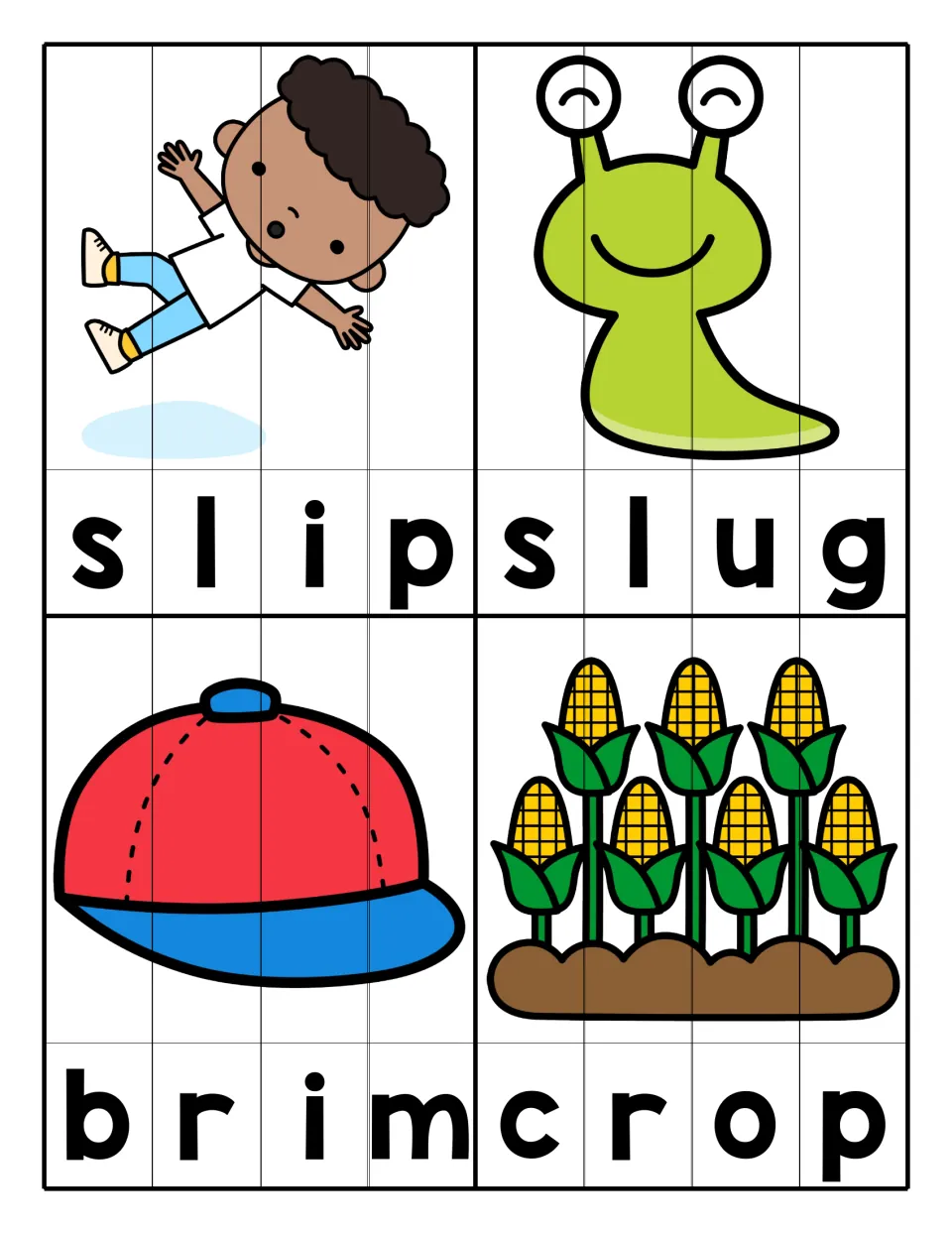 SL, BR and CR blends: students order letter strips to rebuild pictures of slip, slug, brim (a cap) and a corn crop