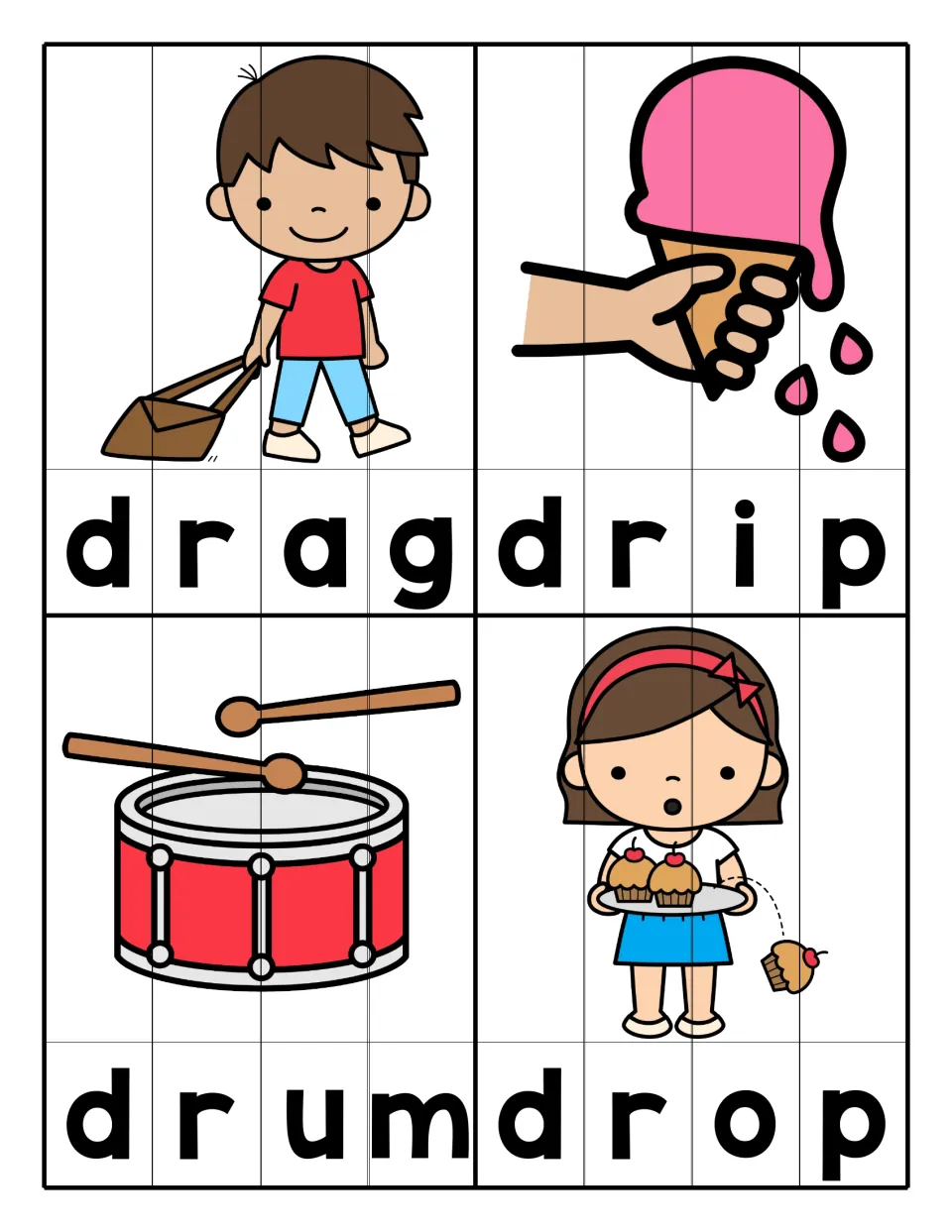 DR blend words: students line up letter strips to complete pictures for drag, drip, drum and drop in sequence