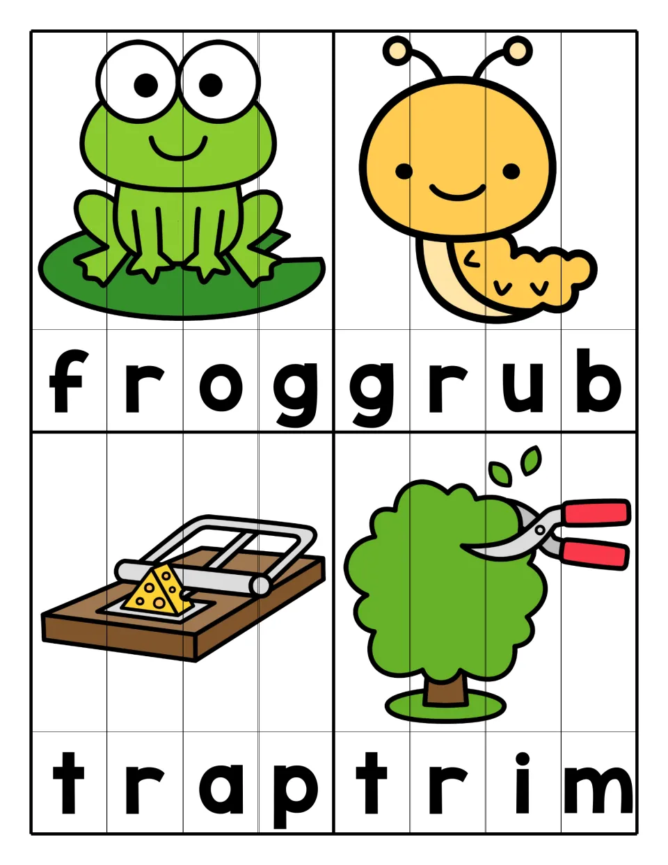 FR, GR and TR blends: students arrange strips spelling frog, grub, trap and trim to reveal each matching picture