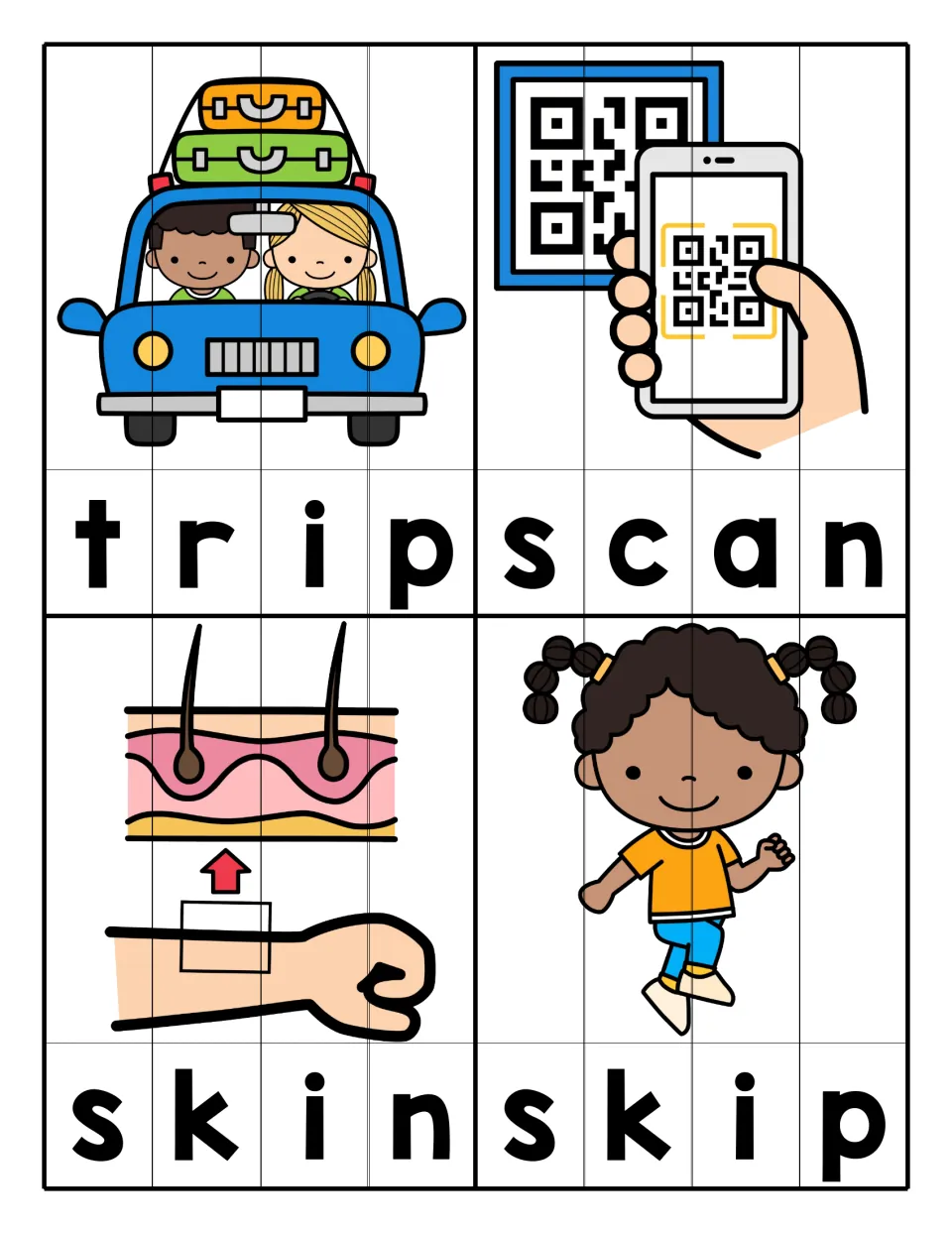 TR, SC and SK blends: students order letter strips for trip, scan, skin and skip so each picture comes together