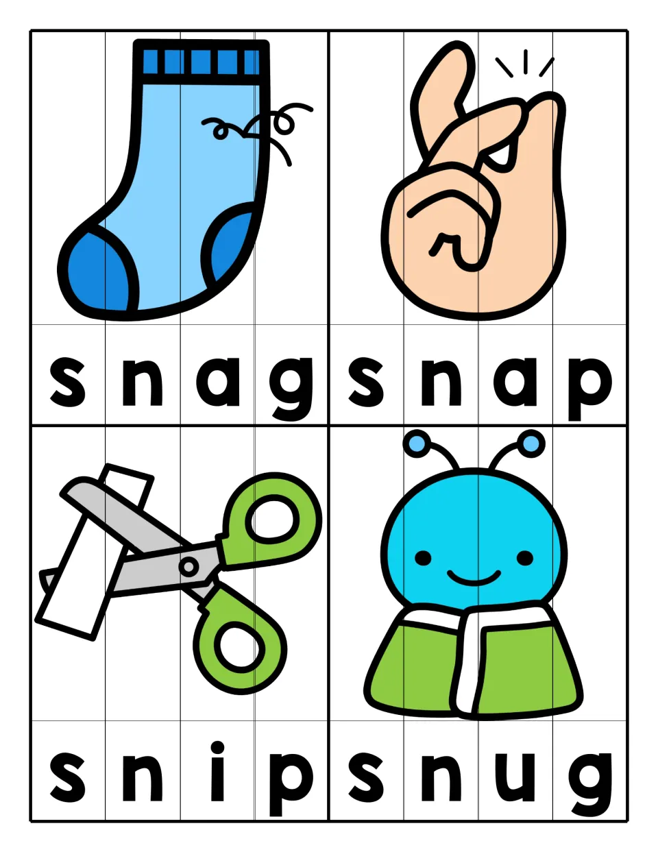 SN blend words: students build strip puzzles for snag (a sock), snap (fingers), snip (scissors) and snug