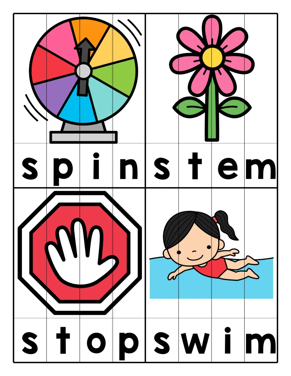 SP, ST and SW blends: students sequence letter strips to form spin, stem, stop and swim with their matching pictures
