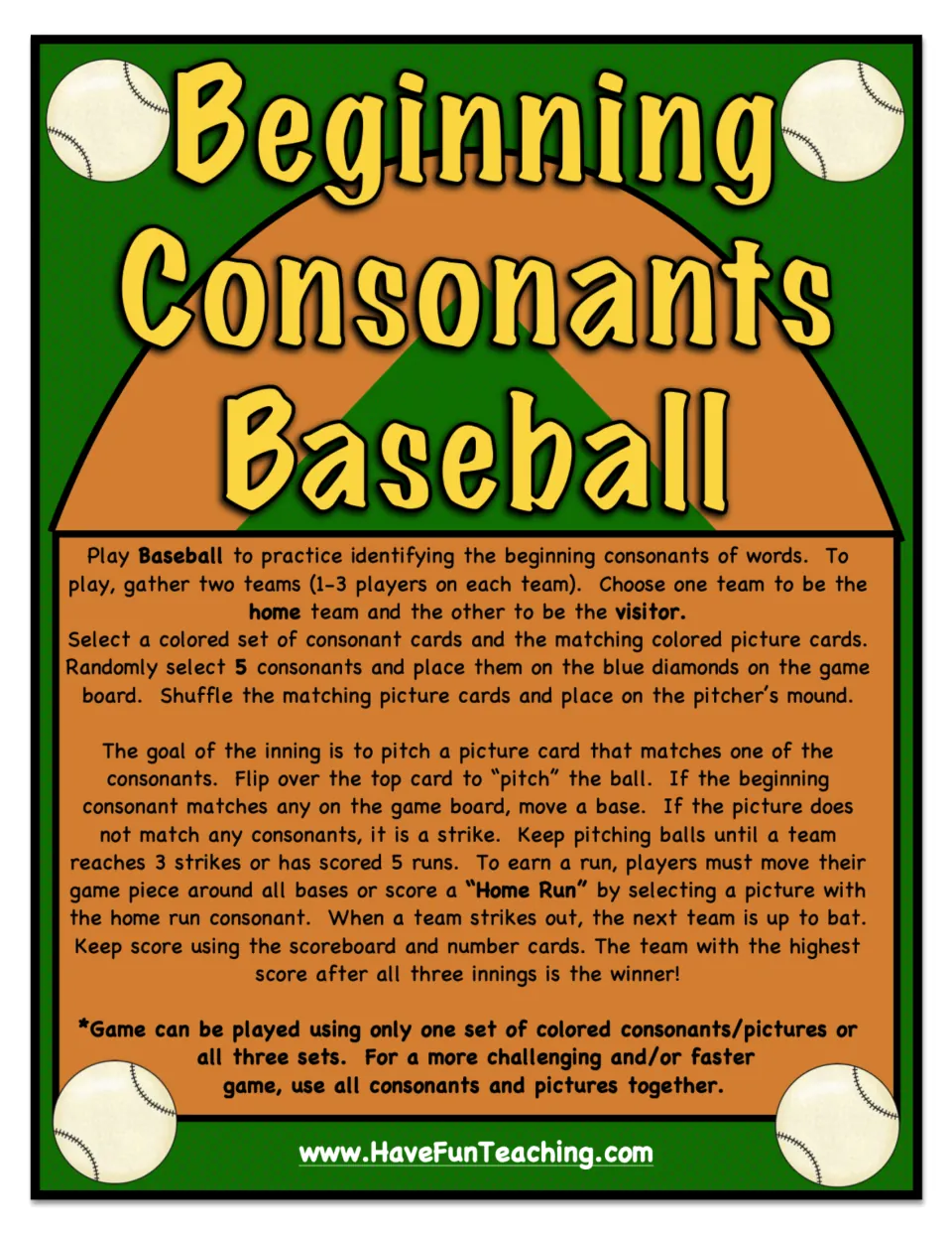 Beginning Consonants Baseball Activity directions explain matching picture cards, scoring runs and strikes.