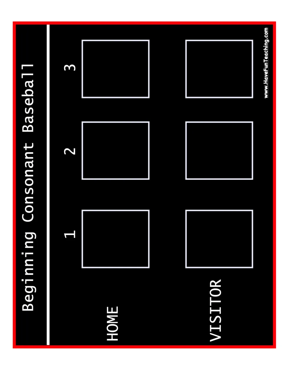 Consonant baseball scoreboard tracks HOME and VISITOR scores for innings 1, 2 and 3 using number cards.