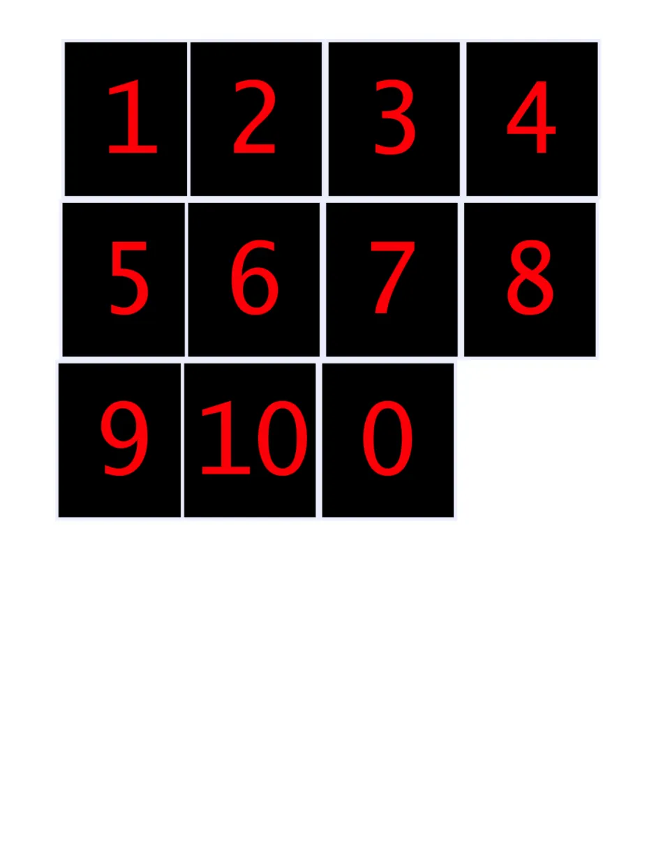 Eleven baseball score cards show numbers 1 through 10 and 0 for recording runs on the game scoreboard.
