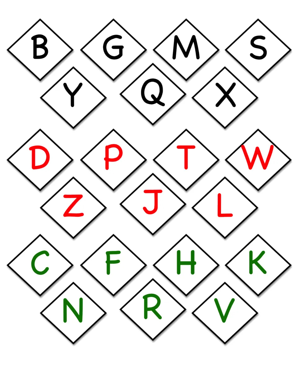Baseball consonant cards: black B, G, M, S, Y, Q, X; red D, P, T, W, Z, J, L; green C, F, H, K, N, R, V.