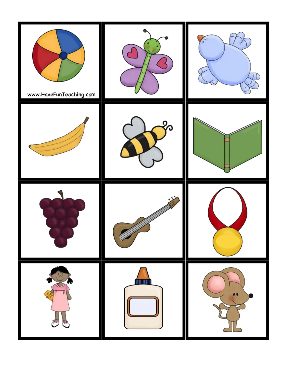 First sheet of 12 black-set picture cards for consonant baseball includes ball, butterfly, bird and banana.