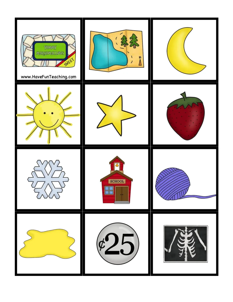 Second sheet of 12 black-set picture cards for consonant baseball includes marshmallows, map, moon and sun.