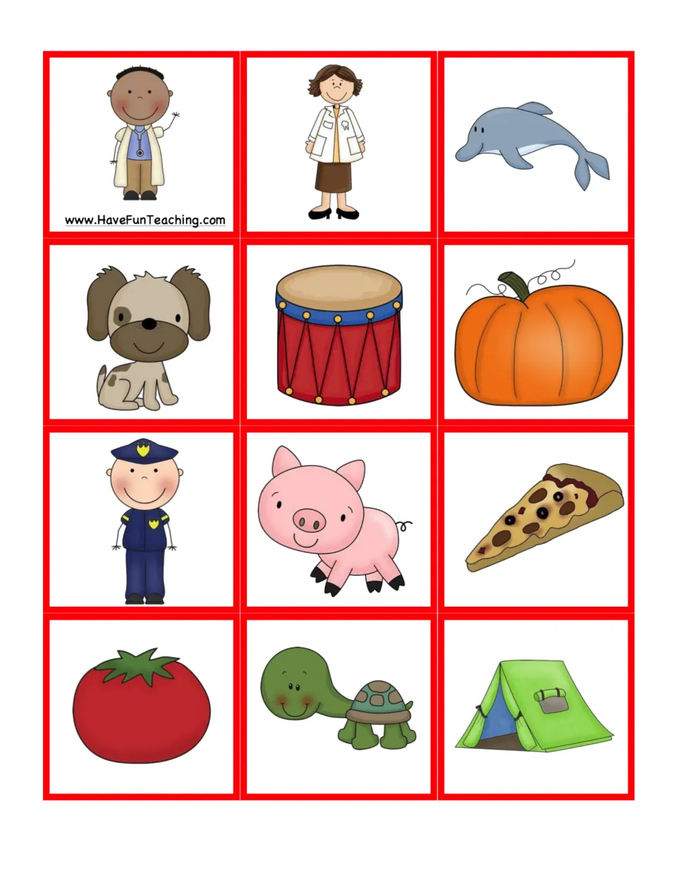 First sheet of 12 red-set picture cards for consonant baseball includes doctor, dentist, dolphin and dog.