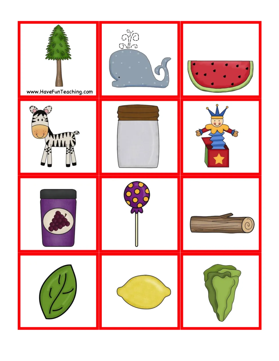 Second sheet of 12 red-set picture cards for consonant baseball includes tree, whale, watermelon and zebra.