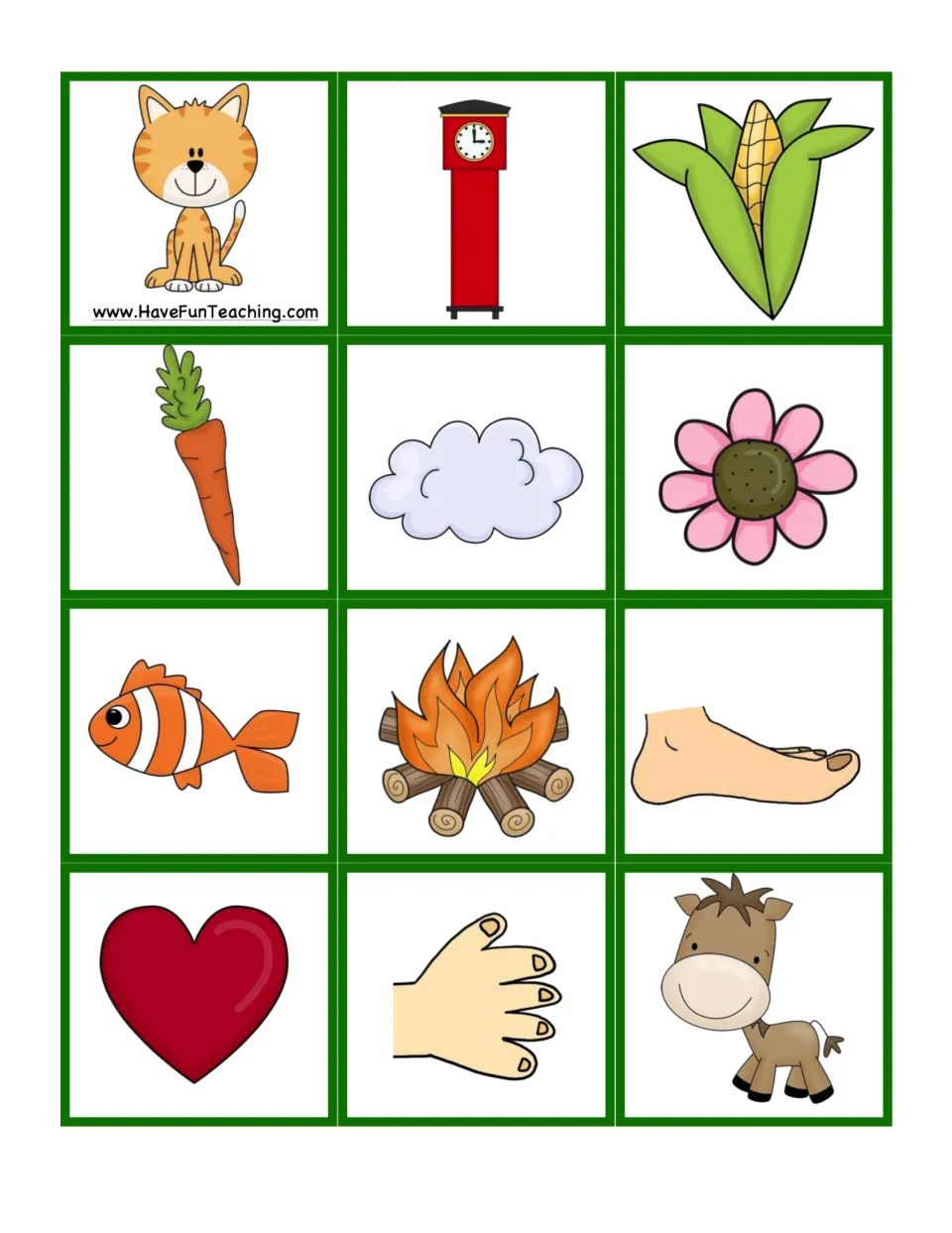 Sheet of 12 green-set picture cards for consonant baseball includes cat, clock, corn, carrot and cloud.