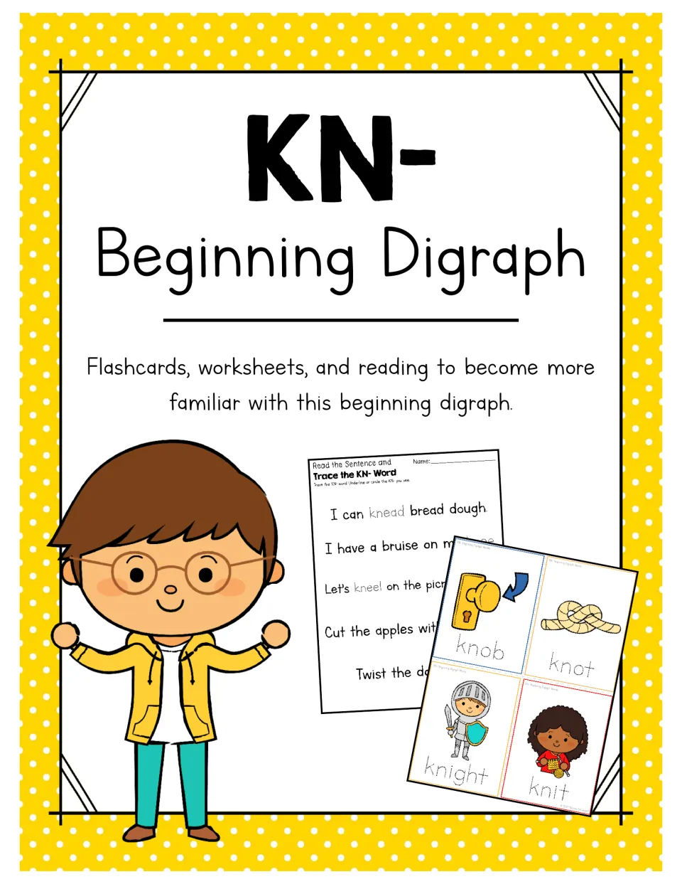 KN- phonics packet cover introducing flashcards, worksheets, and reading practice for the beginning digraph
