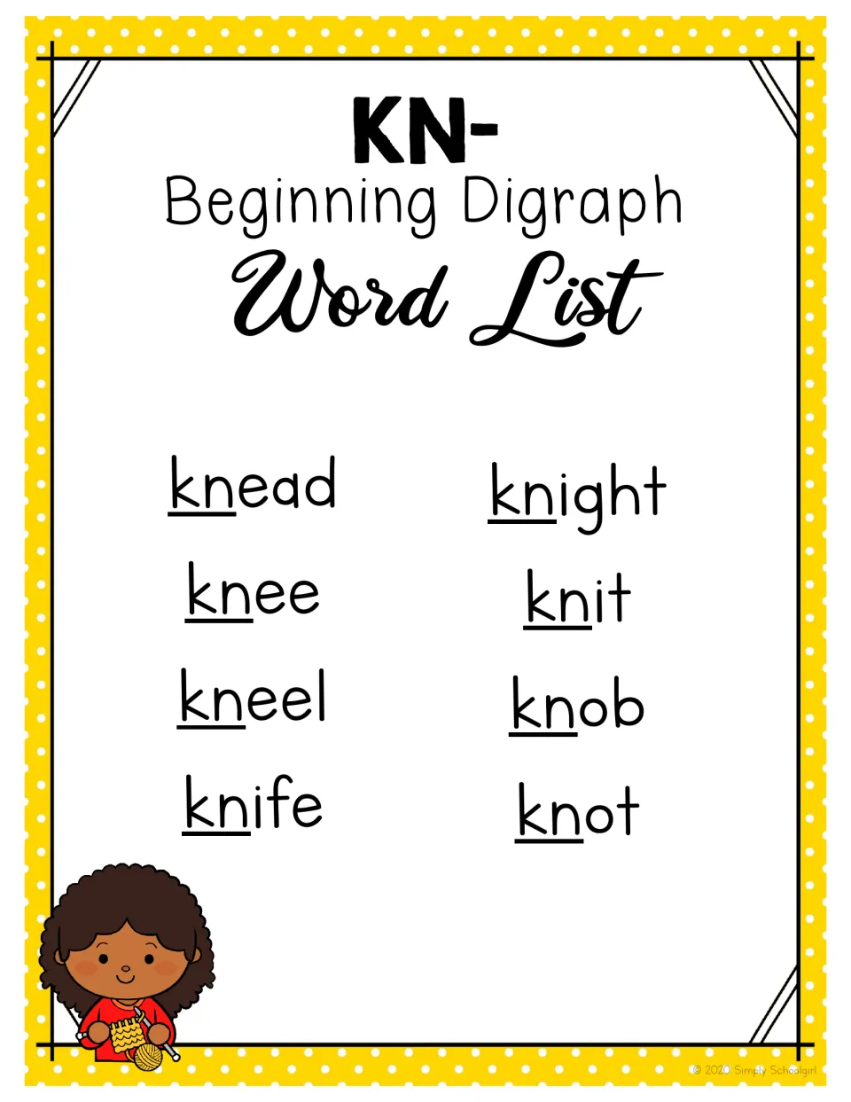 KN- word list anchor chart featuring eight words: knead, knee, kneel, knife, knight, knit, knob, and knot