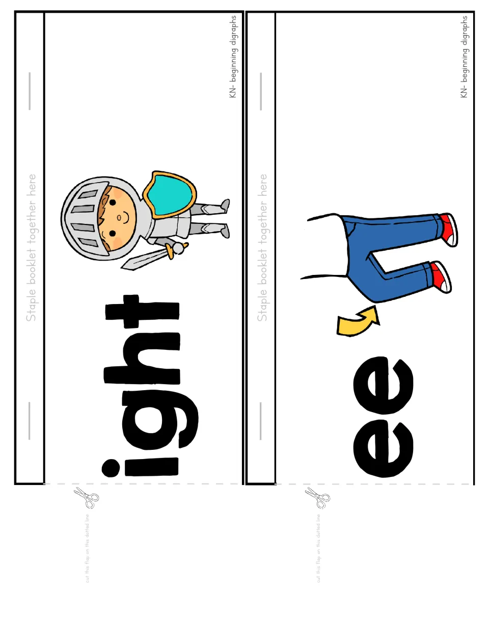 KN- flipchart sheet 2: illustrated ight and ee endings that join the kn base to form knight and knee