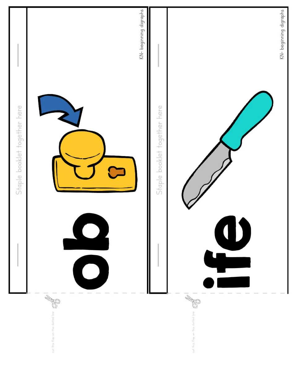 KN- flipchart sheet 4: illustrated ob and ife endings that join the kn base to form knob and knife